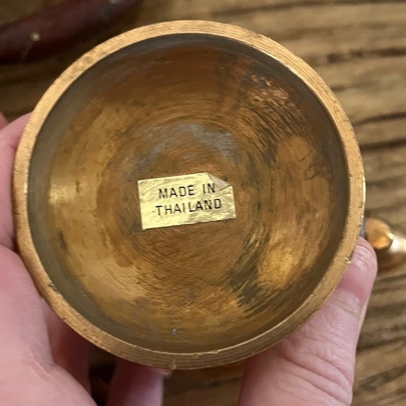 Vintage 3 Piece Taiwan Brass with Wooden Handle Hollywood Regency Tea Set - Picture 7 of 12